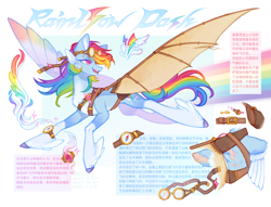 Size: 4250x3250 | Tagged: safe, artist:qpnnn, imported from derpibooru, rainbow dash, alternate design, amputee, artificial wings, augmented, chinese, coat markings, long legs, pale belly, prosthetic limb, prosthetic wing, prosthetics, reference sheet, slender, socks (coat markings), thin, turned head, wings