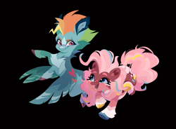 Size: 1471x1080 | Tagged: safe, artist:rr29578979, imported from derpibooru, pinkie pie, rainbow dash, alternate design, alternate hairstyle, black background, blushing, duo, duo female, ear fluff, eyebrow piercing, eyebrow slit, eyebrows, female, flapping wings, flying, happy, heart, looking at each other, looking at someone, mare, piercing, raised hoof, raised hooves, running, simple background, smiling, smiling at each other, smirk, spread wings, wings, wings down