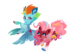 Size: 1471x1080 | Tagged: safe, alternate version, artist:rr29578979, imported from derpibooru, pinkie pie, rainbow dash, earth pony, pegasus, pony, blushing, duo, duo female, eyebrow slit, eyebrows, female, flapping wings, heart, heart eyes, looking at each other, looking at someone, mare, open mouth, open smile, simple background, smiling, smiling at each other, smirk, white background, wingding eyes, wings