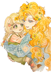 Size: 2061x2891 | Tagged: safe, artist:guotanbiantai, imported from derpibooru, applejack, pear butter, human, braid, braided ponytail, clothes, cute, cutie mark, cutie mark on clothes, duo, female, flower, flower in hair, hug, humanized, mother and child, mother and daughter, ponytail, simple background, traditional art, watercolor painting, white background, younger