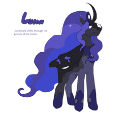 Size: 930x844 | Tagged: safe, artist:084392, imported from derpibooru, princess luna, alicorn, pony, alternate design, coat markings, colored sclera, crown, curved horn, facial markings, female, horn, jewelry, mare, peytral, regalia, simple background, slit pupils, smiling, solo, star (coat marking), text, white background