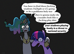 Size: 3018x2199 | Tagged: safe, artist:punkittdev, imported from derpibooru, princess celestia, twilight sparkle, alicorn, pony, school daze, black background, dialogue, duo, duo female, female, high res, hoof around neck, mare, open mouth, simple background, speech bubble, twilight sparkle (alicorn), vulgar