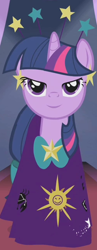 Size: 250x645 | Tagged: safe, edit, edited screencap, editor:twilyisbestpone, imported from derpibooru, screencap, twilight sparkle, pony, unicorn, season 1, suited for success, bow, clothes, constellation, constellation dress, dress, ear piercing, earring, female, headband, horn, inverted mouth, jewelry, lidded eyes, mare, piercing, smiling, solo, tail, tail bow, unicorn twilight