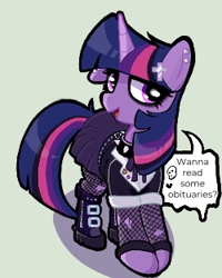 Size: 250x312 | Tagged: safe, artist:dowa, twilight sparkle, pony, unicorn, boots, clothes, collar, fishnet clothing, goth, goth twilight sparkle, hairpin, shoes, skirt, speech bubble, spiked collar, studded belt