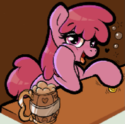Size: 519x512 | Tagged: safe, artist:dowa, berry punch, berryshine, earth pony, pony, alcohol, bits, blushing, drunk, featured image, female, looking at you, mare, open mouth, solo, tankard, tongue out