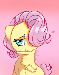 Size: 919x1165 | Tagged: safe, artist:flutterbug18, imported from derpibooru, fluttershy, pegasus, pony, alternate hairstyle, cute, female, floppy ears, gradient background, hair over one eye, heart, lidded eyes, mare, short mane, shyabetes, smiling, solo, wing hands, wings