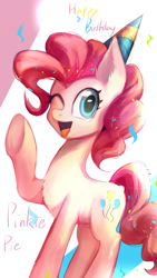 Size: 1080x1920 | Tagged: safe, artist:unclechai, imported from derpibooru, pinkie pie, birthday, cute, hat, party hat, raised hoof, simple background