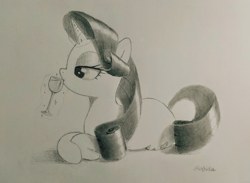 Size: 2838x2072 | Tagged: safe, artist:mizhisha, imported from derpibooru, rarity, pony, drink, drinking, glass, solo, traditional art, wine glass
