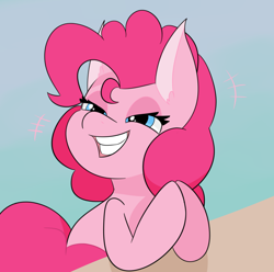 Size: 2428x2404 | Tagged: safe, artist:tkshoelace, imported from derpibooru, pinkie pie, earth pony, pony, grin, hooves together, simple background, smiling, solo