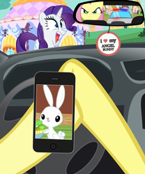 Size: 850x1024 | Tagged: safe, artist:anonymous, imported from derpibooru, angel bunny, fluttershy, rarity, pony, air freshener, car, carousel boutique, cellphone, driving, iphone, meme, offscreen character, phone, police car, ponified meme, pov, smartphone, vector