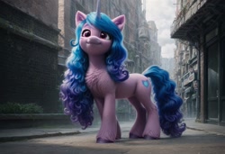 Size: 1216x832 | Tagged: safe, imported from derpibooru, izzy moonbow, unicorn, ai content, ai generated, chest fluff, cloud, cloudy, ear fluff, g5, generator:pony diffusion v6 xl, generator:stable diffusion, horn, prompter:kluknawa235, realistic, smiling, standing, town