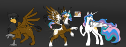 Size: 6905x2567 | Tagged: safe, artist:maximumeevee, imported from derpibooru, princess celestia, oc, alicorn, griffon, pony, absurd resolution, character to character, cutie mark, griffon oc, pictogram, rearing, simple background, spread wings, transformation, transformation sequence, wings