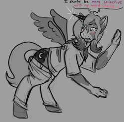 Size: 1192x1175 | Tagged: safe, artist:maximumeevee, imported from derpibooru, princess luna, alicorn, human, pony, blushing, clothes, dialogue, human to pony, male to female, pants, rule 63, s1 luna, sketch, transformation, transgender transformation