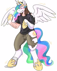 Size: 2000x2500 | Tagged: safe, artist:warlockmaru, imported from derpibooru, princess celestia, alicorn, human, pony, clothes, frown, high res, human to pony, looking at self, ripping clothes, simple background, transformation, white background
