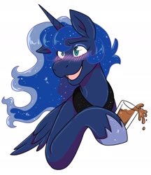 Size: 2360x2732 | Tagged: safe, artist:warlockmaru, imported from derpibooru, princess luna, alicorn, pony, blushing, bust, drink, drunk, female, glass, high res, hoof hold, mare, one ear down, open mouth, simple background, smiling, solo, white background