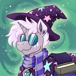 Size: 1500x1500 | Tagged: safe, artist:warlockmaru, imported from derpibooru, oc, oc only, oc:maru, pony, unicorn, abstract background, bag, book, clothes, ear piercing, glasses, hat, horn, piercing, robe, round glasses, saddle bag, scarf, smiling, solo, striped scarf, wizard, wizard hat