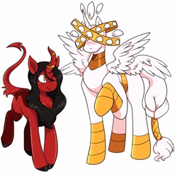 Size: 2500x2500 | Tagged: safe, artist:warlockmaru, imported from derpibooru, alicorn, demon, demon pony, kirin, original species, pony, seraph, seraphicorn, angel, biblically accurate angels, blushing, duo, high res, jewelry, looking at each other, looking at someone, multiple eyes, multiple wings, one eye closed, ponified, raised hoof, shipping, simple background, smiling, tail, tail wrap, white background, wings, wink