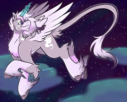 Size: 2500x2000 | Tagged: safe, artist:warlockmaru, imported from derpibooru, oc, oc only, oc:maru, alicorn, pony, alicorn oc, alicornified, facial hair, flying, glasses, glowing, glowing horn, goatee, high res, horn, leonine tail, night, race swap, raised hoof, round glasses, smiling, solo, tail, turned head, unshorn fetlocks, wings