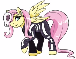 Size: 2526x1949 | Tagged: safe, artist:warlockmaru, imported from derpibooru, fluttershy, pegasus, pony, clothes, costume, ear piercing, eyeshadow, female, halloween, halloween costume, high res, holiday, looking at you, makeup, mare, piercing, raised hoof, simple background, skeleton costume, skull, smiling, solo, white background