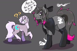 Size: 3000x2000 | Tagged: safe, artist:warlockmaru, imported from derpibooru, oc, oc only, oc:maru, ghost, pony, undead, unicorn, bow, cape, clothes, cutie mark swap, duo, gray background, high res, horn, looking at something, makeup, question mark, running makeup, simple background, socks, speech bubble