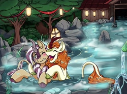 Size: 2710x2000 | Tagged: safe, artist:warlockmaru, imported from derpibooru, autumn blaze, oc, oc:lotus cinder, kirin, fanfic:words of power, blushing, duo, eyes closed, fanfic art, forest, high res, hot springs, hug, nature, one eye closed, open mouth, open smile, smiling, tree, water