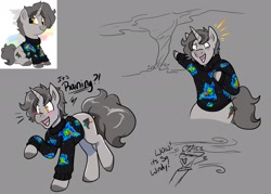 Size: 2101x1507 | Tagged: safe, artist:warlockmaru, imported from derpibooru, oc, oc only, oc:supercell, pony, unicorn, blushing, clothes, dialogue, excited, gray background, horn, simple background, solo, storm chasing, sweater, tornado, unicorn oc, wind