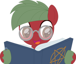Size: 1678x1409 | Tagged: safe, artist:pure-blue-heart, imported from derpibooru, oc, oc only, oc:comic book, earth pony, book, brown eyes, earth pony oc, glasses, green hair, male, open book, open mouth, pentagram, reading, red coat, simple background, stallion, stallion oc, transparent background, unshorn fetlocks, watermark