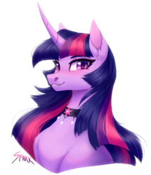Size: 1288x1500 | Tagged: safe, artist:sparkling_light, imported from derpibooru, twilight sparkle, pony, unicorn, bust, female, horn, mare, simple background, smiling, solo, unicorn twilight, white background