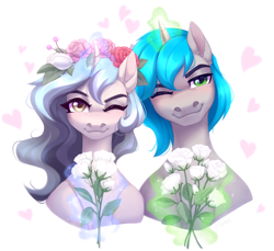 Size: 2010x1839 | Tagged: safe, artist:sparkling_light, imported from derpibooru, oc, pony, unicorn, bust, duo, flower, horn, magic, rose