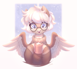 Size: 2244x2000 | Tagged: safe, artist:sparkling_light, imported from derpibooru, oc, pegasus, pony, chocolate, food, glasses, hot chocolate, solo, spread wings, wings