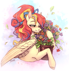 Size: 1010x1052 | Tagged: safe, artist:sparkling_light, imported from derpibooru, oc, oc only, pegasus, pony, abstract background, female, flower, flower pot, mare, mixed media, one eye closed, pegasus oc, solo, wings