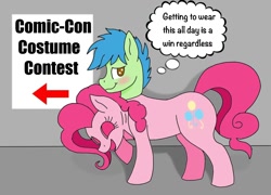 Size: 1240x894 | Tagged: safe, artist:blackcat9119, imported from derpibooru, pinkie pie, oc, unnamed oc, earth pony, pony, blushing, clothes, comic con, convention, costume, dialogue, disguise, earth pony oc, fursuit, impersonating, male, mask, masking, ponysuit, poster, quadsuit, shadow, sign, simple background, skinsuit, smiling, solo, solo male, suit, suit up, thought bubble, unmasked