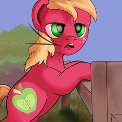 Size: 2700x2700 | Tagged: safe, artist:aaronmk, edit, editor:strifesnout, imported from twibooru, big macintosh, earth pony, pony, fence, image, male, open mouth, png, solo, stallion, template