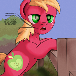 Size: 2700x2700 | Tagged: safe, artist:aaronmk, edit, editor:strifesnout, imported from twibooru, big macintosh, earth pony, pony, dialogue, fence, image, male, open mouth, png, solo, stallion