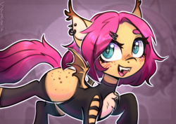Size: 1415x1000 | Tagged: safe, artist:sparkling_light, imported from derpibooru, oc, oc only, bat pony, chest fluff, collar, ear piercing, earring, female, freckles, human shoulders, jewelry, npn (nightmare pony night), piercing, solo, spiked collar