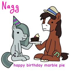 Size: 1024x1024 | Tagged: safe, artist:naggfruit, imported from derpibooru, marble pie, trouble shoes, cake, comic sans, crack shipping, dot eyes, female, food, hat, male, marbleshoes, party hat, shipping, simple background, straight, white background
