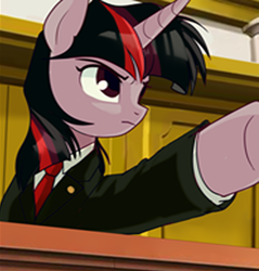 Size: 2100x2200 | Tagged: safe, artist:7411696290, imported from derpibooru, twilight sparkle, pony, unicorn, ace attorney, clothes, female, horn, mare, objection, solo, suit