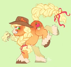 Size: 1024x961 | Tagged: safe, artist:catmintyt, imported from derpibooru, applejack, earth pony, pony, alternate design, applejack's hat, braid, braided tail, cowboy hat, green background, grin, hat, simple background, smiling, solo, tail, unshorn fetlocks