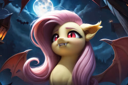 Size: 1280x854 | Tagged: prompter needed, safe, imported from derpibooru, fluttershy, bat, bat pony, pony, 3d, ai content, ai generated, bat ponified, bat wings, cloud, deviantart, female, flutterbat, full moon, jpg, mare, moon, night, pink mane, race swap, red eyes, sky, solo, wings, yellow skin