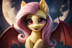 Size: 1280x854 | Tagged: prompter needed, safe, imported from derpibooru, fluttershy, bat pony, pony, ai content, ai generated, bat ponified, cute, deviantart, female, flutterbat, flying, looking at you, looking forward, mare, moon, night, open mouth, pink mane, race swap, red eyes, solo, spread wings, wings, yellow skin