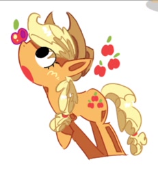 Size: 1245x1350 | Tagged: safe, artist:appledash3r_, imported from derpibooru, applejack, earth pony, pony, apple, applejack's hat, balancing, balancing on nose, big eyes, blonde mane, blonde tail, blush scribble, blushing, colored pinnae, cowboy hat, cute, eye clipping through hair, eyelashes, female, food, freckles, hat, jackabetes, mare, no catchlights, open mouth, ponytail, profile, raised hoof, requested art, simple background, solo, standing, tail, tied mane, tied tail, white background, wide eyes