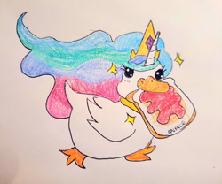 Size: 2078x1730 | Tagged: safe, artist:anykoe, imported from derpibooru, princess celestia, bird, duck, duck pony, hybrid, bread, colored sketch, crown, cute, food, horn, jam, jewelry, multicolored hair, photography, pony hybrid, regalia, signature, simple background, sketch, sparkles, toast, traditional art, white background