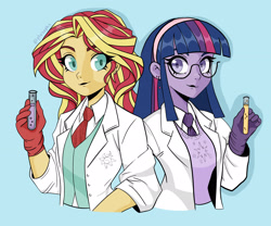 Size: 3000x2500 | Tagged: safe, artist:sophiasucksatlife, imported from derpibooru, sunset shimmer, twilight sparkle, human, equestria girls, alternate hairstyle, blue background, clothes, coat, duo, ear piercing, earring, female, glasses, gloves, jewelry, lab coat, lesbian, necktie, piercing, shipping, shirt, simple background, sunsetsparkle, sweater vest, test tube, vest