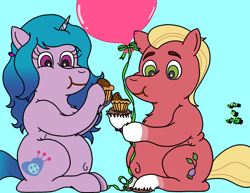 Size: 2575x1990 | Tagged: safe, artist:puffydearlysmith, imported from derpibooru, izzy moonbow, sprout cloverleaf, earth pony, pony, unicorn, balloon, belly button, blue background, chubby, cupcake, eating, fat, female, food, g5, headcanon in the description, horn, izzy moonblob, izzysprout, male, mare, shipping, simple background, sprout blubberleaf, stallion, straight, unshorn fetlocks