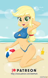 Size: 606x970 | Tagged: safe, artist:jakepixels, imported from derpibooru, applejack, human, equestria girls, arm behind head, beach, beach ball, belly button, bikini, bikini bottom, blushing, boob window, breasts, clothes, freckles, kneeling, looking at you, open mouth, open smile, smiling, swimsuit