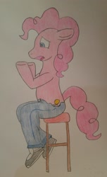 Size: 1744x2868 | Tagged: safe, artist:bronytwin02, imported from derpibooru, pinkie pie, earth pony, human, pony, chair, clothes, denim, floppy ears, human to pony, jeans, open mouth, pants, sitting, traditional art, transformation