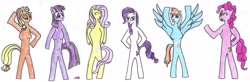 Size: 5880x1920 | Tagged: safe, artist:ratekku, imported from derpibooru, applejack, fluttershy, pinkie pie, rainbow dash, rarity, twilight sparkle, anthro, unguligrade anthro, breasts, female, high res, human to anthro, mane six, simple background, smiling, traditional art, transformation, transformation sequence, white background