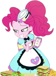 Size: 1843x2520 | Tagged: safe, edit, edited screencap, editor:homersimpson1983, editor:mrtoonlover83, imported from derpibooru, screencap, pinkie pie, human, equestria girls, apron, background removed, bowtie, cellphone, clothes, curly hair, eyebrows, female, not a vector, phone, pointing, raised eyebrow, simple background, smartphone, smiling, solo, transparent background