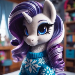 Size: 1024x1024 | Tagged: safe, imported from ponybooru, rarity, pony, unicorn, ai content, ai generated, bing, bust, clothes, female, fluffy, indoors, mare, solo, sweater, three quarter view