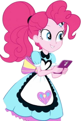 Size: 1681x2520 | Tagged: safe, edit, edited screencap, editor:homersimpson1983, imported from derpibooru, screencap, pinkie pie, human, equestria girls, apron, background removed, bowtie, cellphone, clothes, curly hair, female, not a vector, phone, ponytail, simple background, smartphone, solo, transparent background, waitress